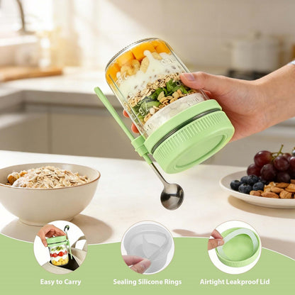 Overnight Oats Containers with Lids and Spoons - 4 Pack 16 oz Glass Mason Jars with Separate Compartments Airtight Overnight Oat Jars Leakproof Yogurt Parfait Cup for Oatmeal Chia Pudding Cereal Salad