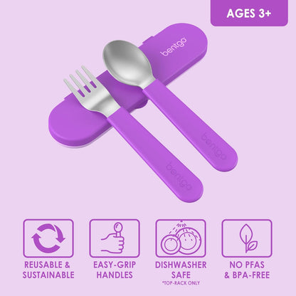 Bentgo Kids Stainless Steel Utensil Set - Reusable Fork, Spoon & Storage Case, PFAS- & BPA-Free, Easy-Grip Handles, Lightweight, Dishwasher Safe, School Lunch, Travel & Outdoors (Dinosaur)
