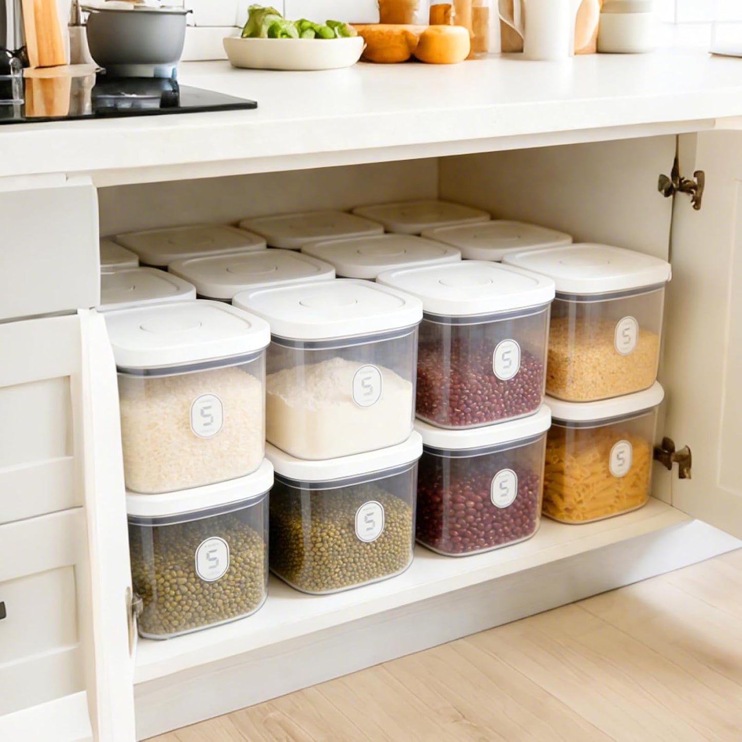 Airtight Rice Container with Measuring Cup, BPA-Free Clear PET Plastic Food Storage Container Pantry Organizers and Storage Sugar Cookies Flour Rice Container (5.6 L / 5.92 QT)