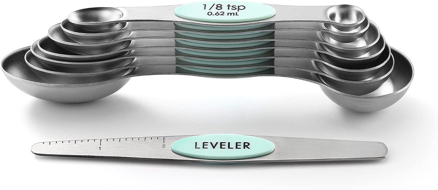 Spring Chef Stainless Steel Magnetic Measuring Spoons Set with Strong N45 Magnets, Heavy Duty Metal Kitchen Gadgets for Baking & Cooking, Fits in Most Kitchen Spice Jars, Set of 8 with Leveler, Black