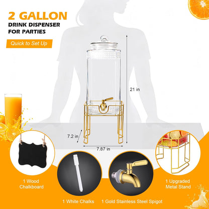 Drink Dispenser for Parties with Stand – 2 Gallon Beverage Dispenser with 18/8 Gold Stainless Steel Leak-Proof Spigot and Glass Lid, Ideal for Tea, Juice, Lemonade, and Party Drinks