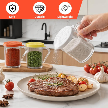 4-Pack Plastic Dredge Shaker Set, 10 oz Clear Flour & Sugar Dispensers with Handles, Commercial Seasoning Shakers for Powder, Spices & Herbs, 4 Bodies & 4 Lids with Different Hole Sizes