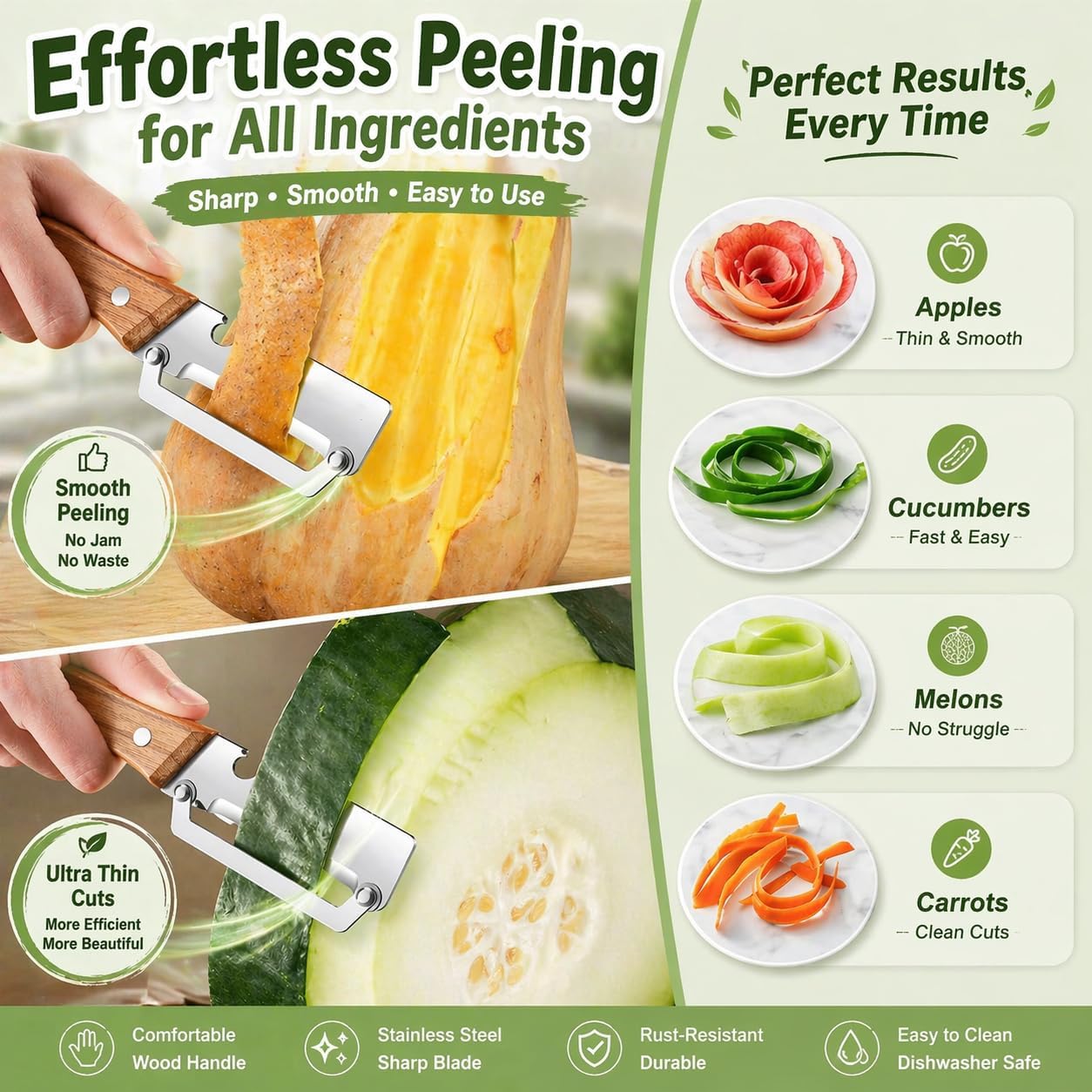 Left & Right Hand Vegetable Peeler Set with Scallion Slicer & Bottle Opener, Heavy-Duty Thick Stainless Steel Blade, Multi-Function Kitchen Peeler with Wooden Handle for Fruits & Vegetables(New 2pcs)