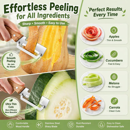 Left & Right Hand Vegetable Peeler Set with Scallion Slicer & Bottle Opener, Heavy-Duty Thick Stainless Steel Blade, Multi-Function Kitchen Peeler with Wooden Handle for Fruits & Vegetables(New 2pcs)
