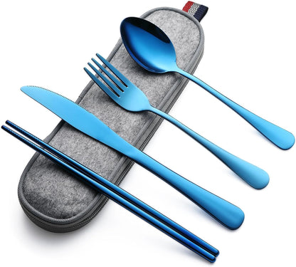 DEVICO Camping Utensils, Full-Size Reusable Silverware for Lunch Adult, Stainless Steel Travel Cutlery Set with Case, Portable Fork Spoon Knife Set for Work, Flatware with Chopsticks (Rainbow)