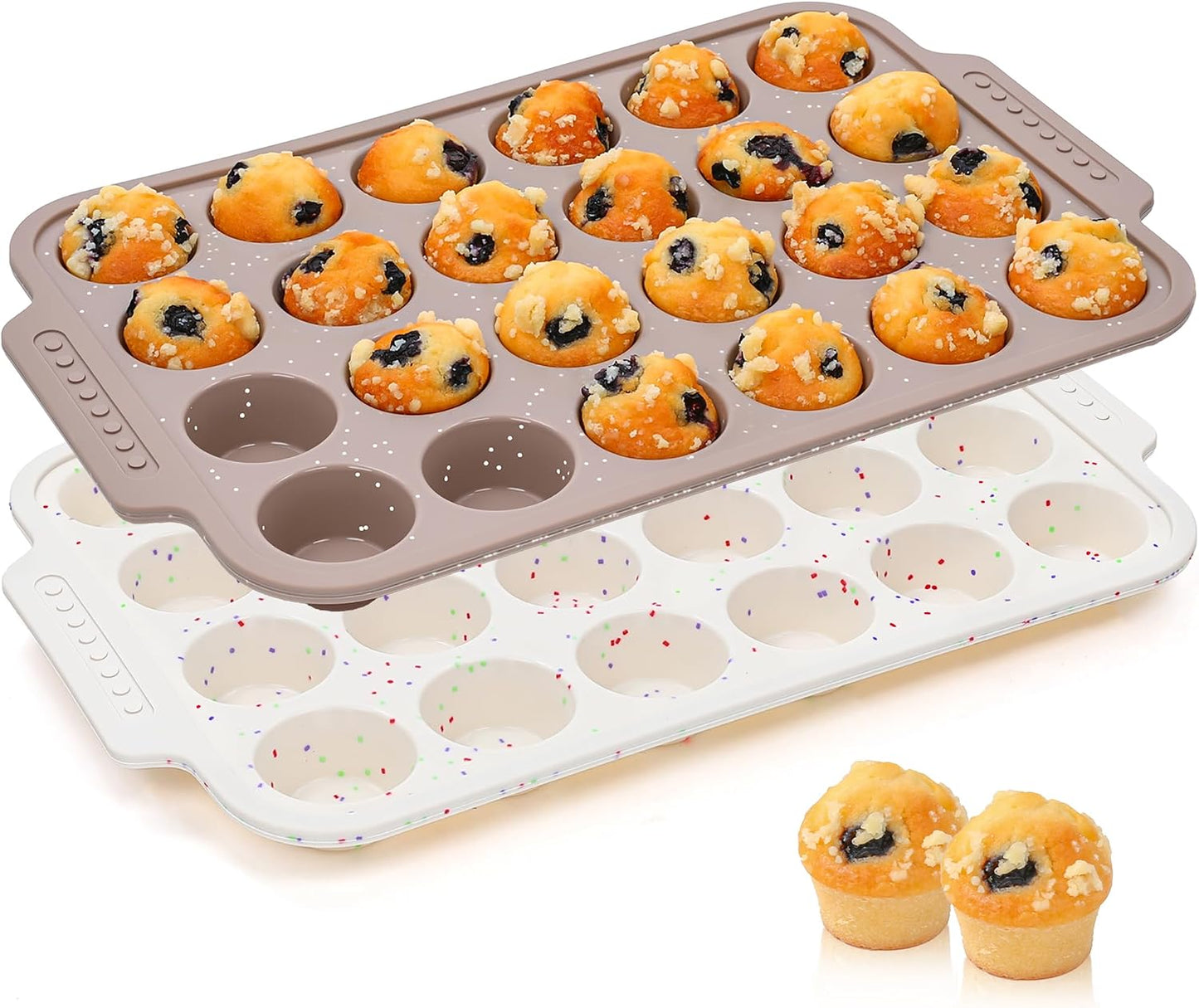 2 Pcs Silicone Muffin Pans for Baking with Metal Reinforced Frame, Nonstick Cupcake Tray for Oven, 12 Cups Regular Size Silicone Molds for Egg Bites, Dishwasher Safe (Brown, Cream)