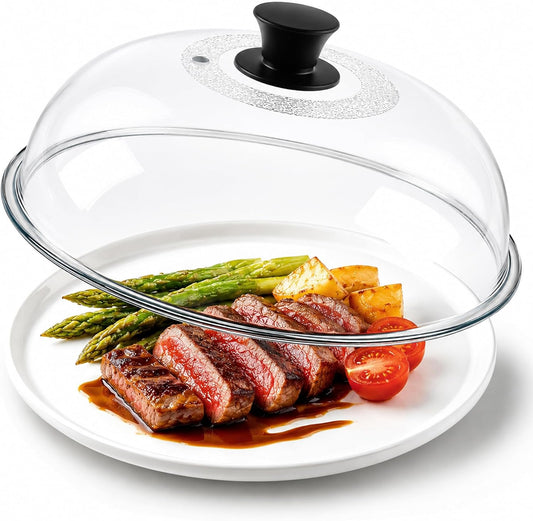 11.5in Tall Glass Microwave Splatter Cover for Food – Heat Resistant Plate Splatter Guard Lid with Vent Hole & Easy-to-Grip Handle – No Plastic, Dishwasher Safe – Borosilicate Glass