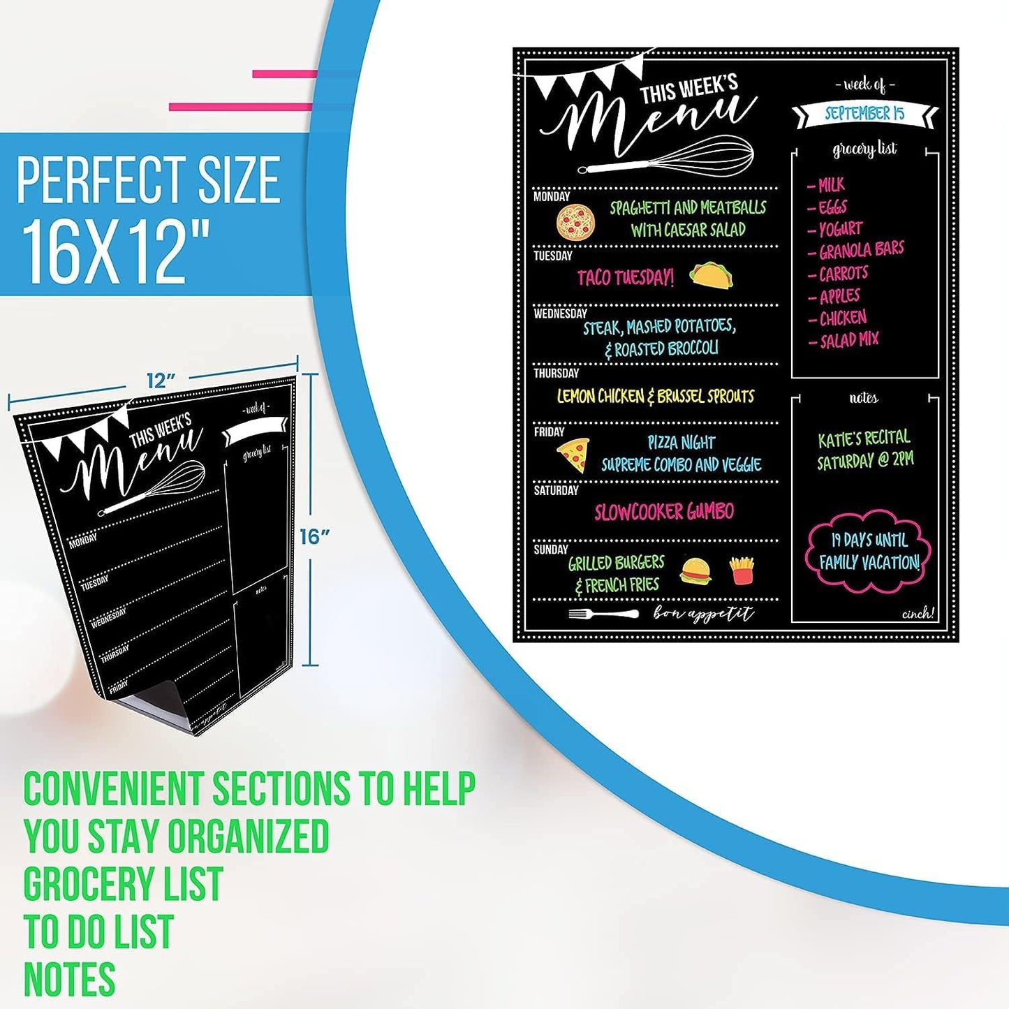 Cinch! 16x12-Inch Chalkboard Weekly Menu - Magnetic Meal Planner Board for Refrigerator - Reusable Black Menu Board with 3 Neon Liquid Chalk Markers - Weekly Food Planner for Kitchen Organization