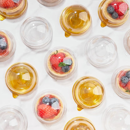 Zezzxu 50 Pack Mini Cake Containers, Clear Plastic Small Cupcake Boxes with Dome Lids for Individual Chocolate Covered Cookies, Strawberry, Mooncake (Gold)