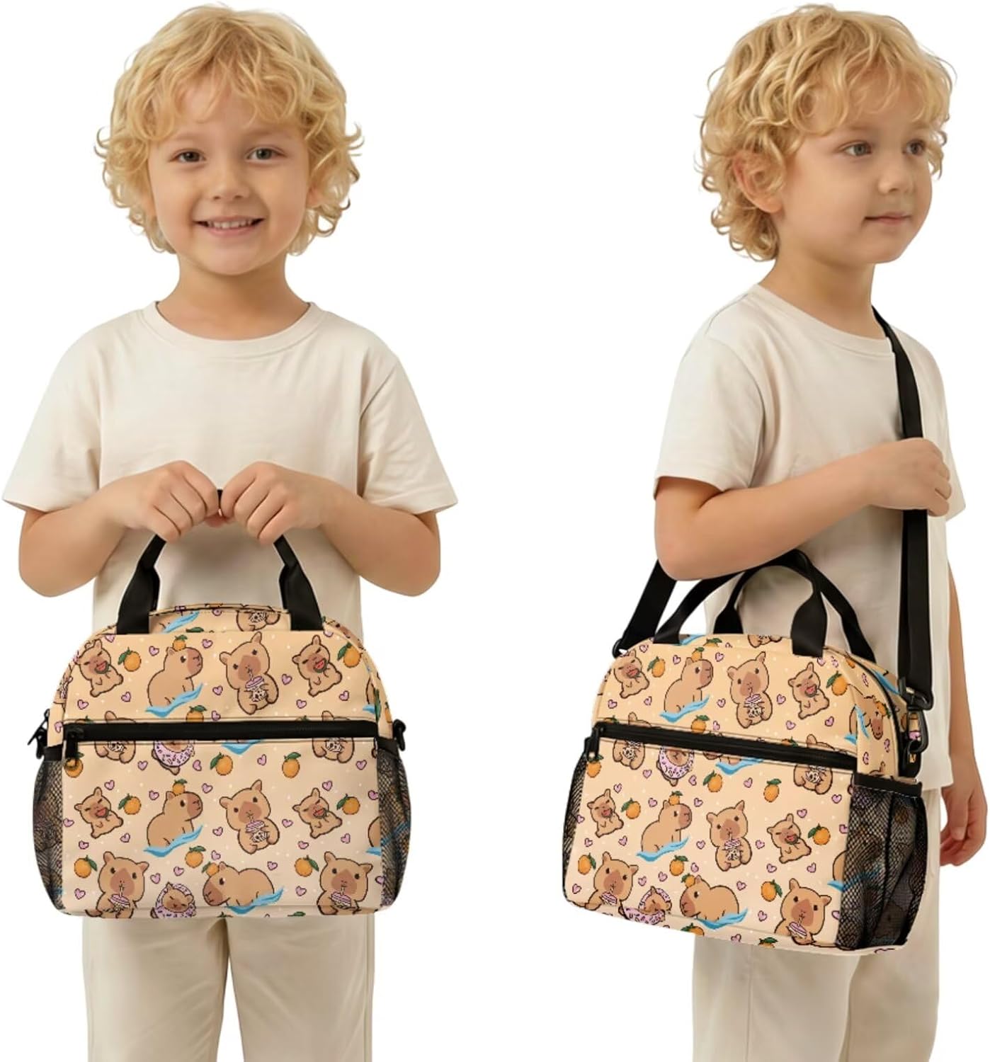 Cute Capybara Pizza Backpack for Girls, 5 Pcs Boys School Bag Set for Kids, 17 Inch Backpacks Lunch Pencil Box Reusable Utensils Case Set for Middle Elementary School, 3rd Grade Backpack