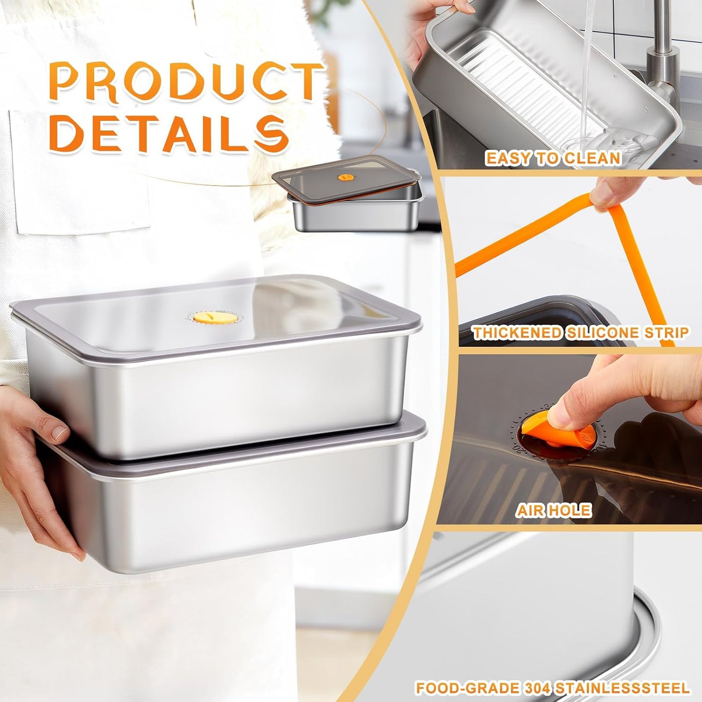 Reallnaive 2 Pcs Stainless Steel Marinade Containers with Lid, 5.6 Qt Metal Meat Brining Containers, Brining Prep Storage Box Dishwasher Safe Bpa Free for BBQ Tailgates Storage