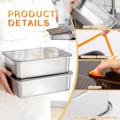 Reallnaive 2 Pcs Stainless Steel Marinade Containers with Lid, 5.6 Qt Metal Meat Brining Containers, Brining Prep Storage Box Dishwasher Safe Bpa Free for BBQ Tailgates Storage