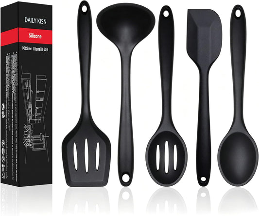 Silicone Kitchen Utensils Set, 5 PCS Heat Resistant Non Stick Cooking Tools, Silicone Spatula/Turner/Serving Spoon/Soup Ladle/Slotted Spoon, for Home and Camping