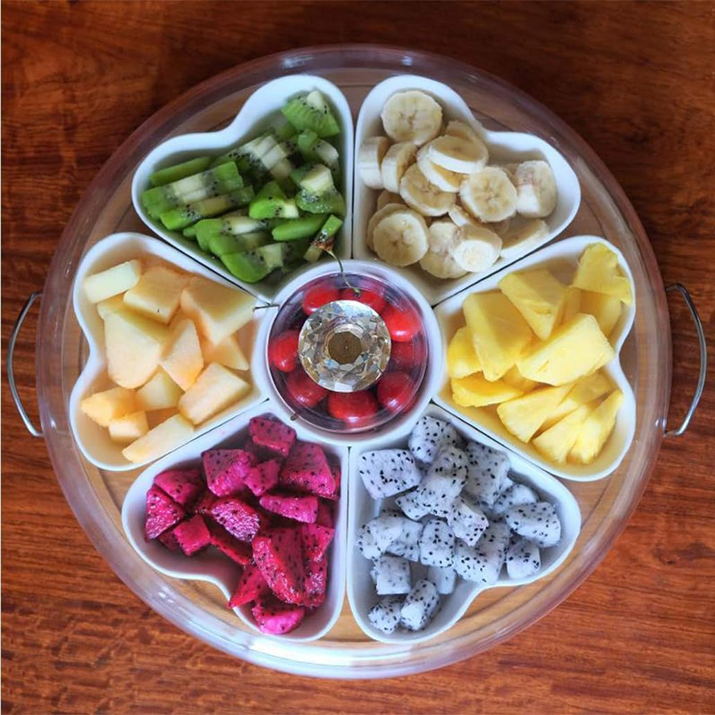 Appetizer Serving Tray with Bamboo Holder and Lid, Ceramic Divided Serving Platter with Food Picks, Relish Tray for Chips and Dip, Veggies, Candy and Snacks, Parties T