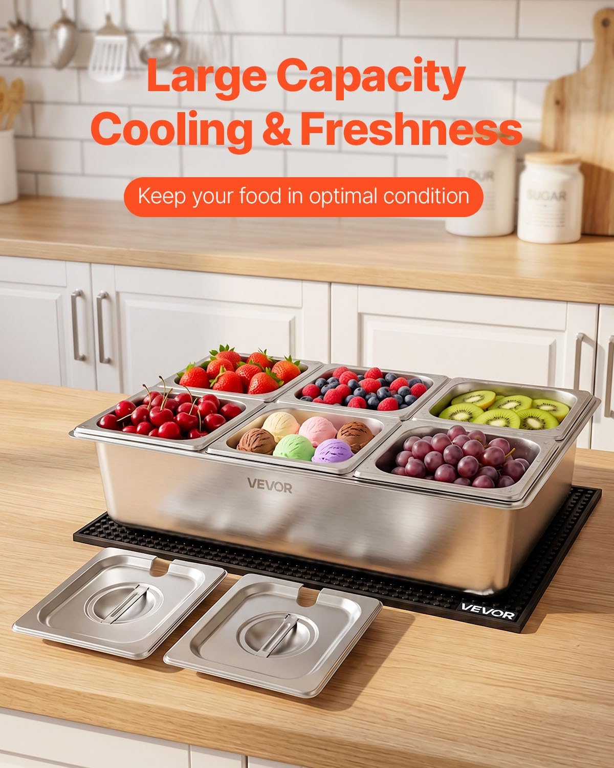 VEVOR Chilled Condiment Server Caddy, 5 Compartment Ice Cooled Serving Container, Plastic Fruit Garnish Tray Platter with Lid, for Taco Salad Bar Accessories, Party Home Restaurant Supplies
