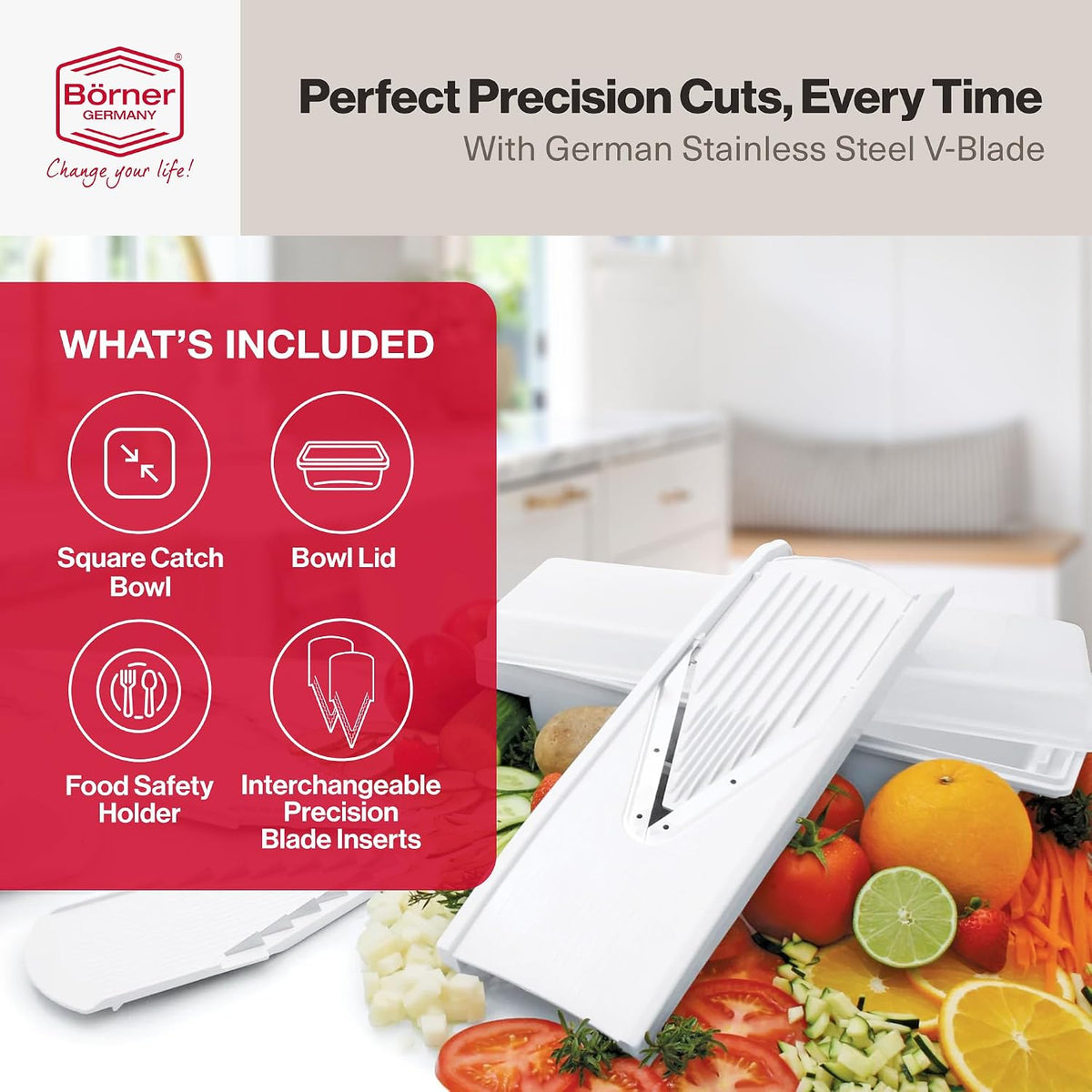 Swissmar V-Prep™ Mandoline Slicer – Versatile Kitchen Slicer for Julienne, Shred, Cube & Slice – Includes Multi-Function Bowl & Safety Holder – Essential Kitchen Gadget – White