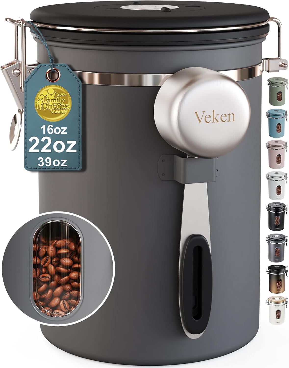Veken Coffee Canister with Window, Family Choice Awards Winner, Airtight Stainless Steel Home Kitchen Food Storage Container with Lids for Grounds, Beans, Tea, Flour,Cereal,Sugar Jars,Scoop,16OZ,Black