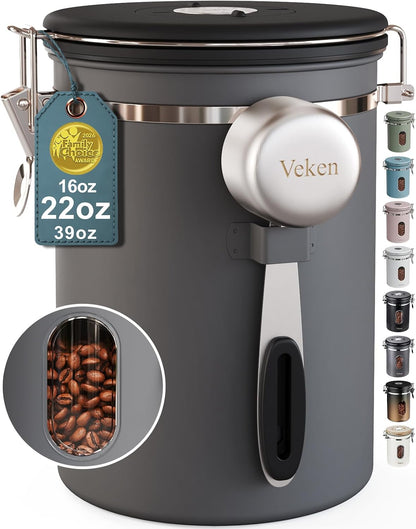 Veken Coffee Canister with Window, Family Choice Awards Winner, Airtight Stainless Steel Home Kitchen Food Storage Container with Lids for Grounds, Beans, Tea, Flour,Cereal,Sugar Jars,Scoop,16OZ,Black