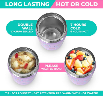 Bento Box with Stainless Steel Thermo, Insulated Lunch Bag, Ice Pack Set for Kids - 5 Compartments, Lunches or Snack Container for Girls, Toddlers Daycare Pre-School, Kindergarten Purple Unicorn