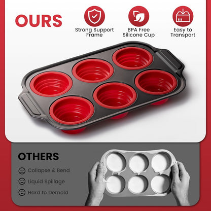 Silicone Muffin Pan for Baking with Metal Reinforced Frame - 6 Cups Regular Size Cupcake Pan Muffin Tins Egg Bite Molds - Nonstick, Easy to Pop, Bakeware for Oven, BPA Free (6-Cups Red)