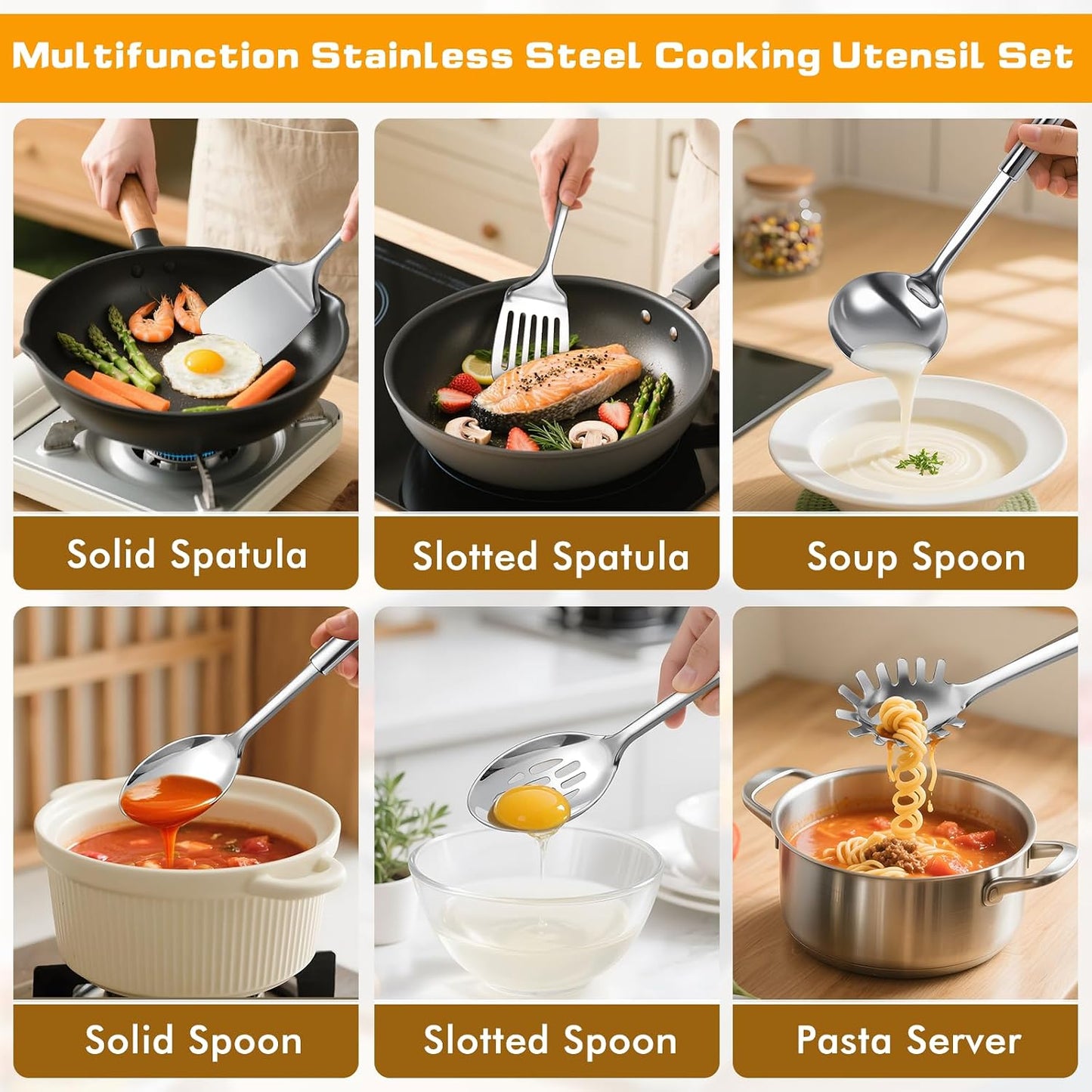 9 Pcs Cooking Utensils Set, Stainless Steel Kitchen Utensils, Heat Resistant Metal Kitchen Tools Include Solid & Slotted Spatula, Serving Spoon, Ladle, Pasta Server,Potato Maseher, Egg Whisk, Silver