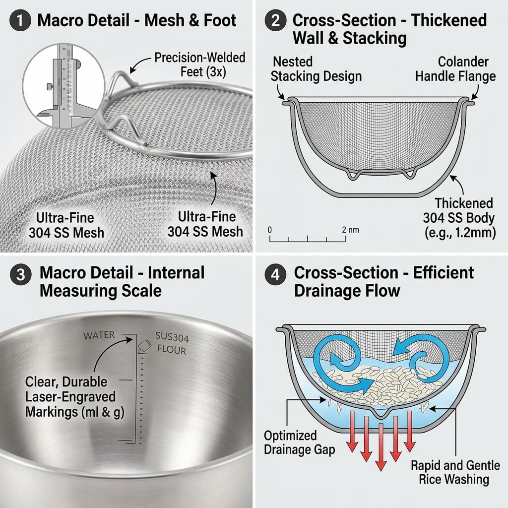 304 Stainless Steel Colander Set, 1.5QT Colander with Bowl, 30-Mesh Micro Perforated Strainer for Rice, Quinoa, Pasta, Fruits & Vegetables,2 pack
