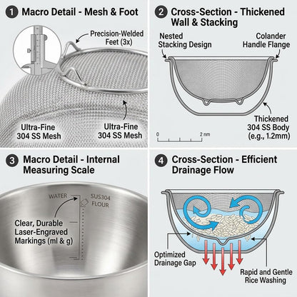 304 Stainless Steel Colander Set, 1.5QT Colander with Bowl, 30-Mesh Micro Perforated Strainer for Rice, Quinoa, Pasta, Fruits & Vegetables,2 pack