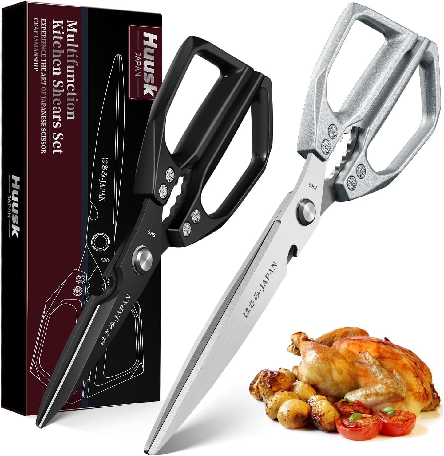 HUUSK Kitchen Scissors Set Silver - Upgraded Stainless Steel Kitchen Shear, Sharp Meat Scissors Dishwasher Safe, Heavy Duty Poultry Shears, Japanese Cooking Scissor for Food, Christmas Gifts for Women