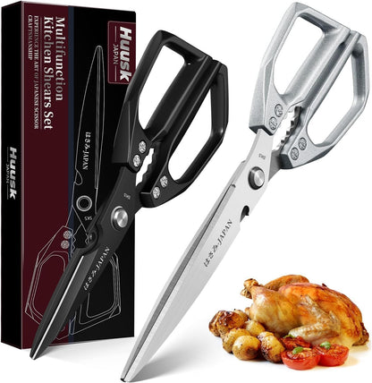 HUUSK Kitchen Scissors Set Silver - Upgraded Stainless Steel Kitchen Shear, Sharp Meat Scissors Dishwasher Safe, Heavy Duty Poultry Shears, Japanese Cooking Scissor for Food, Christmas Gifts for Women