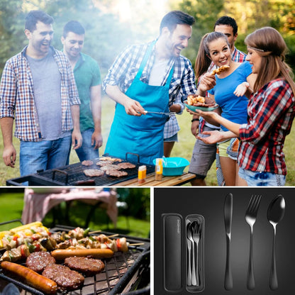 Portable Utensils Set with Case, 4pcs Stainless Steel Reusable Silverware for Lunch Camping School Picnic Workplace Travel, Lunch Box Includ Fork Spoon Knife,Easy to clean,Dishwasher Safe(Rainbow)