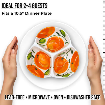 Ceramic Chip & Dip Bowl 7.5”, 3-Compartment Divided Serving Dish & Condiment Tray for Appetizers – Handmade in Spain, Lead-Free Glaze, Microwave, Oven & Dishwasher Safe