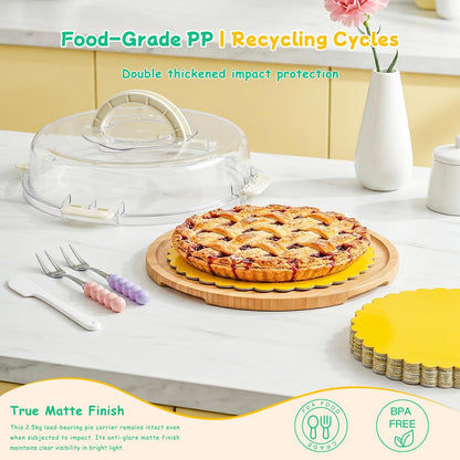 Pie Carrier with Lid and Handle, Reusable Pie Container for 10 Inch Round Pie, Cheesecake, Pizza, Cheesecake Container for Party with 10 Pcs Round Golden Cake Boards and Portable Insulated Bag