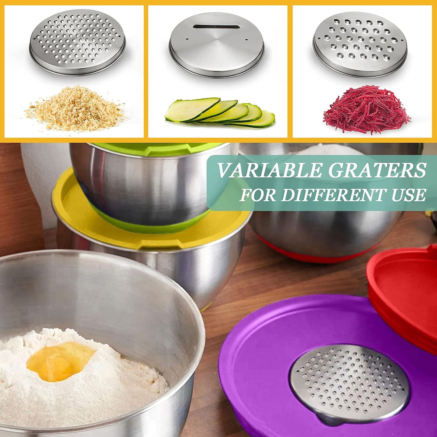 Wildone Mixing Bowls with Airtight Lids, 22 PCS Stainless Steel Nesting Bowls, with 3 Grater Attachments, Scale Marks & Non-Slip Bottom, Size 5, 4, 3, 2,1.5, 0.63QT, Ideal for Mixing & Prepping