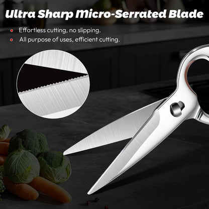 Stainless Steel Kitchen Shears Heavy Duty Full-Steel Forged Metal Scissors for Food, Professional Chef Shears Bone Cutting Meat Pizza Scissors Kitchen Utensils Come Apart, Silver