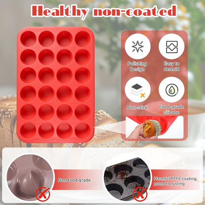 3 Pcs Silicone Muffin Pan Set, Silicone Muffin Pans for Baking Red 24/12/6 Cups Mini/Regular/Large Non-Stick Cupcake Pan for Kitchens, Restaurants, Bakeries
