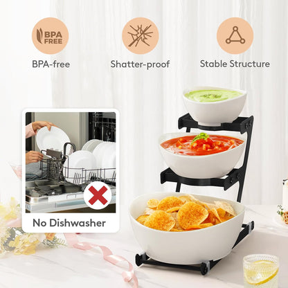 Lifewit 3 Tier Plastic Serving Bowls with Black Metal Stand, Chips and Dip Serving Tray Set for Entertaining Party, Crack-Proof Serving Platters for Fruit/Snack/Candy, 31 x 20 x 27 cm/12 x 8 x 10.6