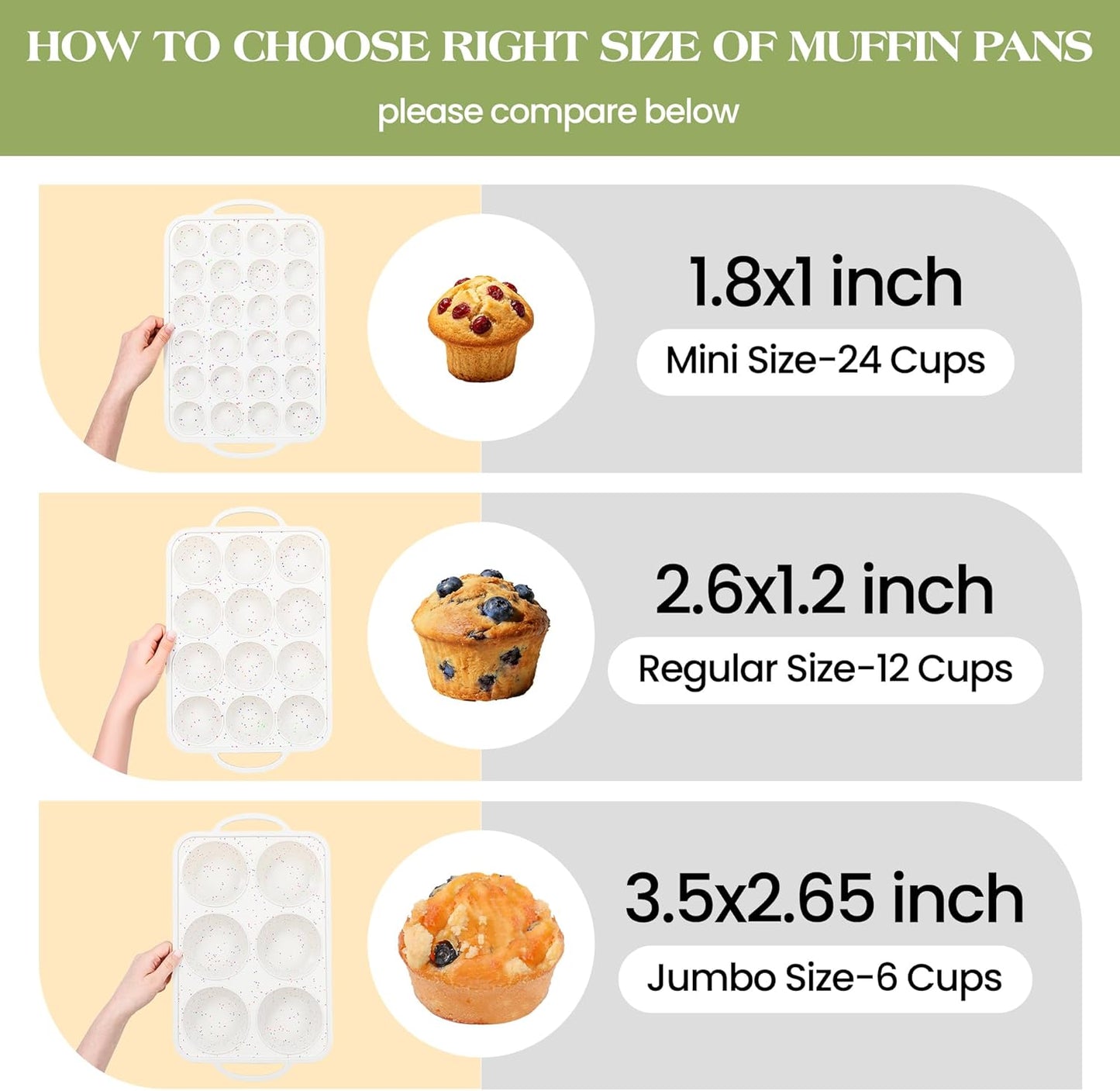 Regular 12 Cup and Mini 24 Cup Nonstick Cupcake Pan Set Silicone Muffin Pan for Baking Silicone Cupcake Mold with Metal Reinforced Frame BPA Free (2 Pcs, Cream)
