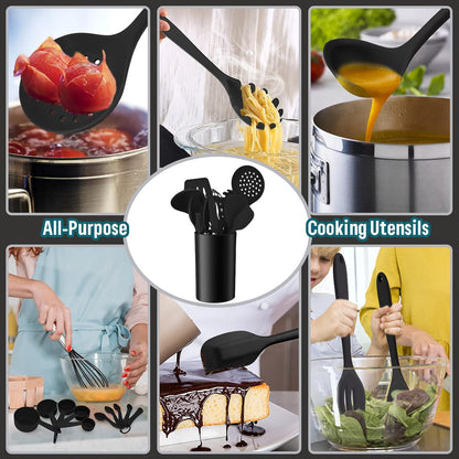E-far Silicone Cooking Utensils Set, 7-Piece Black Heat Resistant Kitchen Utensils Set, Kitchen Nonstick Tools Spatula Ladle Spoon Pasta Server for Non-stick Cookware, Non-Toxic & Dishwasher safe