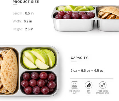 3 Pack Stainless Steel Snack Container, 3- Compartment Lunch Container with Lid, Reusable Food Storage Box for Snacks & Meal Prep (650ml / 22oz)
