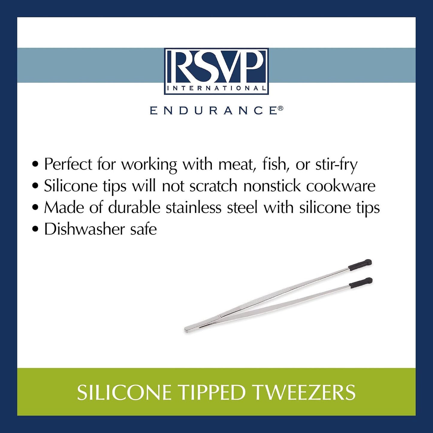 RSVP International Endurance Silicone Tipped Kitchen Tweezers Food Safe, Durable Stainless Steel, Heat Safe up to 475 Degrees F, 12" Length
