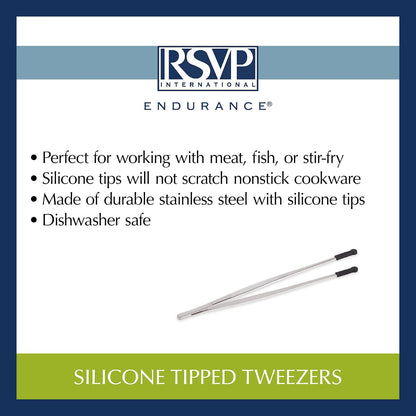 RSVP International Endurance Silicone Tipped Kitchen Tweezers Food Safe, Durable Stainless Steel, Heat Safe up to 475 Degrees F, 12" Length