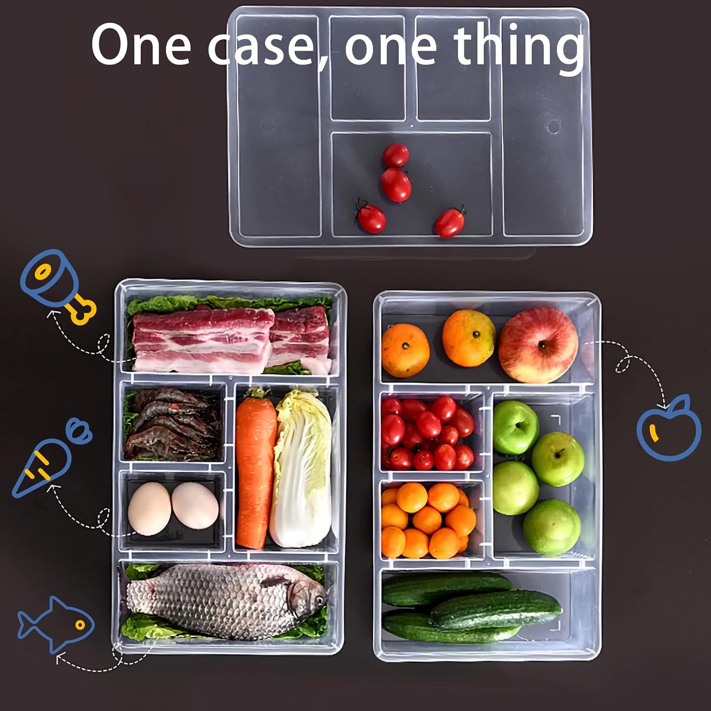 MANO 2 Pack Divided Veggie Tray with Lid - 5 Compartment Clear Snack Containers for Fridge, Stackable Produce Saver Storage for Fruits, Vegetables, Meat & Fish