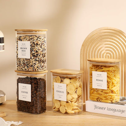 2 Pack large Square Glass Flour and Sugar Containers with 132 Kitchen Pantry Labels - 149 floz & 71 floz - Glass Jars with Airtight Bamboo Lid - Glass Rice Canisters for Coffee, Pasta, Cookie, Cereal