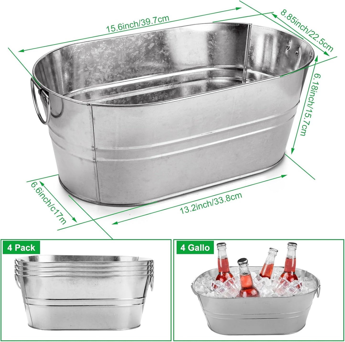 MIVIDE 2 Pack 3 Gallon Galvanized Tub Ice Bucket Metal Champagne Drink Bucket with Handles Galvanized Ice Buckets for Parties Mimosa Bar Cocktail Bar Cooling Supplies