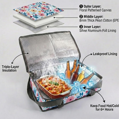 Pioneer Woman Style Insulated Casserole Carrier for Hot or Cold Food, Fits 9x13 Baking Dish,Floral Thermal Lasagna Lugger Tote with Oven Mitts and Pot Holders Set,Gift for Women, Mother's Day.3 PCS