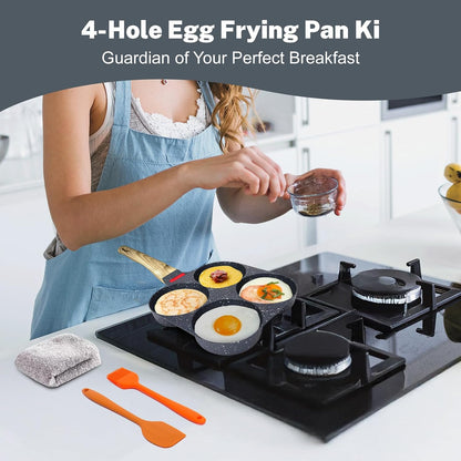 Ywmoml 4‑Cup Nonstick Egg Pan Set with Lid, Includes Silicone Scraper, Oil Brush, Chopsticks & Cleaning Cloth – Compatible with Gas & Induction Cooktops