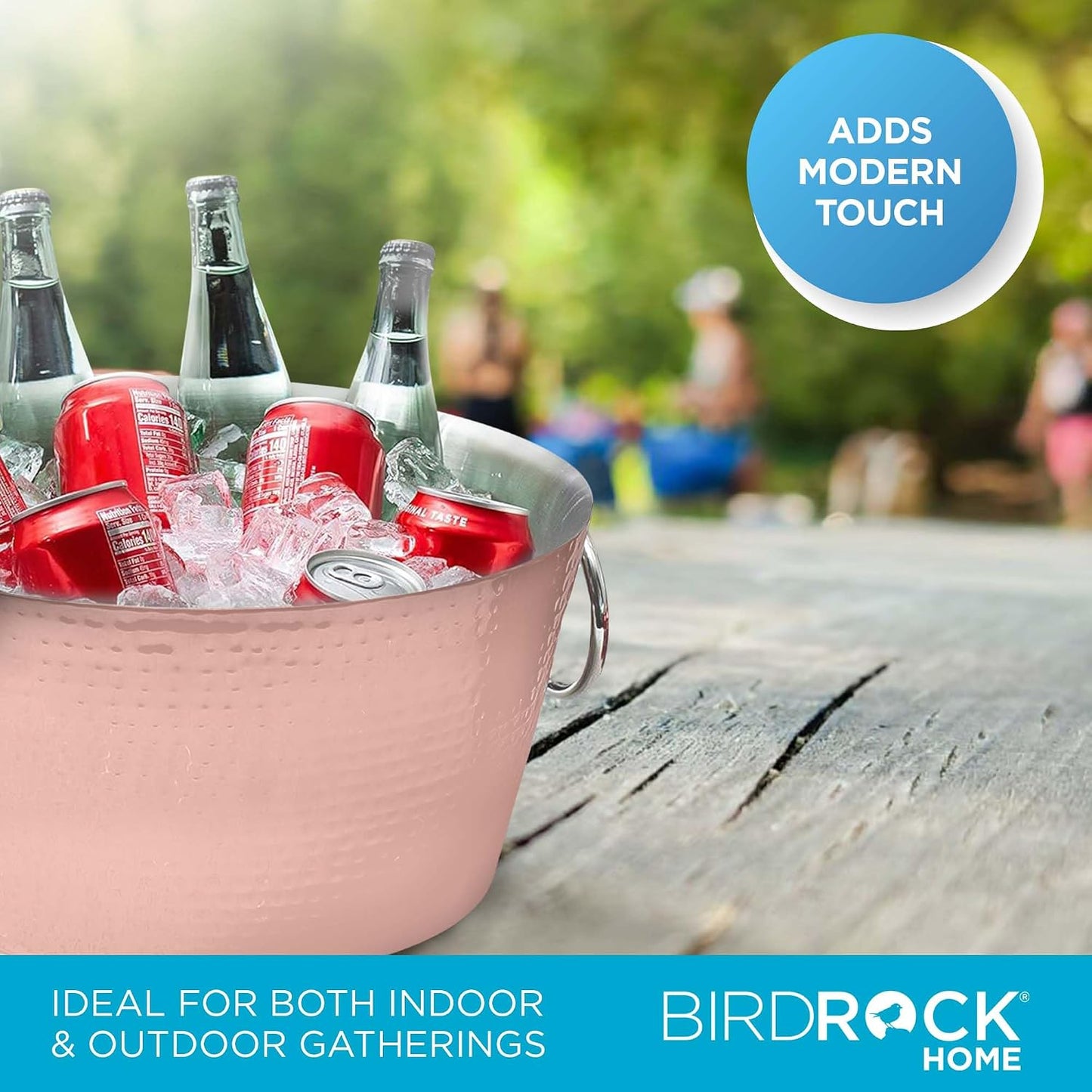 BIRDROCK HOME Hammered Stainless Steel Round Beverage Tub with Handles - Double Wall Insulated 3 Gallons - Metal Drink Cooler & Ice Bucket for Parties - Outdoor Aluminum Holder for Bottles & Soda