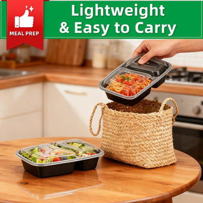 Meal Prep Containers 2 Compartment 15 Pack, 28 oz Divided Reusable Food Storage Containers with Lids Takeout Food Storage Containers Black, Microwave Dishwasher Freezer Safe, Stackable, BPA Free