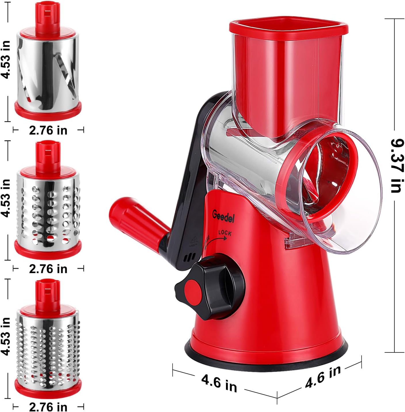 Geedel Rotary Cheese Grater, Kitchen Mandoline Vegetable Slicer with 3 Interchangeable Blades, Easy to Clean Rotary Grater Slicer for Cheese, Vegetables, Nuts