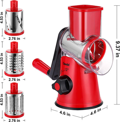 Geedel Rotary Cheese Grater, Kitchen Mandoline Vegetable Slicer with 3 Interchangeable Blades, Easy to Clean Rotary Grater Slicer for Cheese, Vegetables, Nuts